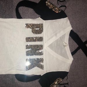 white v-neck, Victoria Secret PINK shirt.